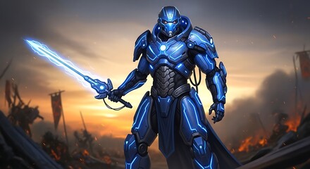 Naklejka premium Futuristic Blue Armor Warrior Standing Guard at Sunset Battlefield: A Sci-Tech Fantasy Epic Hero with Energy Sword Ready for Battle