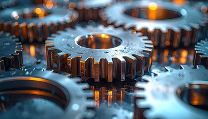 Close Up Macro Photograph Of Interlocking Metal Gears In A Factory Setting With Warm Orange And Cool Blue Lighting Creating A Dramatic Industrial Atmosphere