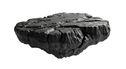 Monochrome study shows a textured, jagged, dark rock formation isolated, evoking feelings of