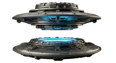 Two metallic, saucer-shaped platforms float on a transparent background, illuminated with internal