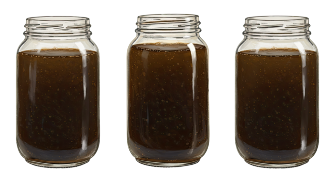 Three glass jars filled with dark brown homemade sauce or jam isolated on white background, perfect for food packaging or cooking blogs