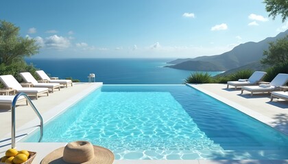 A luxurious infinity pool overlooks the ocean. White lounge chairs line the pool area. The landscape features mountains and a clear blue sky. It is perfect for relaxation and vacation.