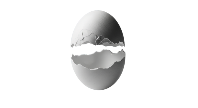 A single white egg is split in half, revealing a broken shell, floating in a transparent void.