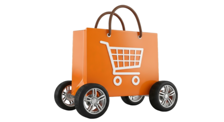 An orange shopping bag with wheels and a shopping cart symbol suggests swift purchasing power now.