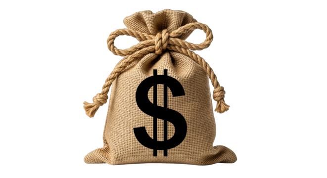 A burlap sack tied with twine displays a bold dollar sign, symbolizing wealth and financial gain.
