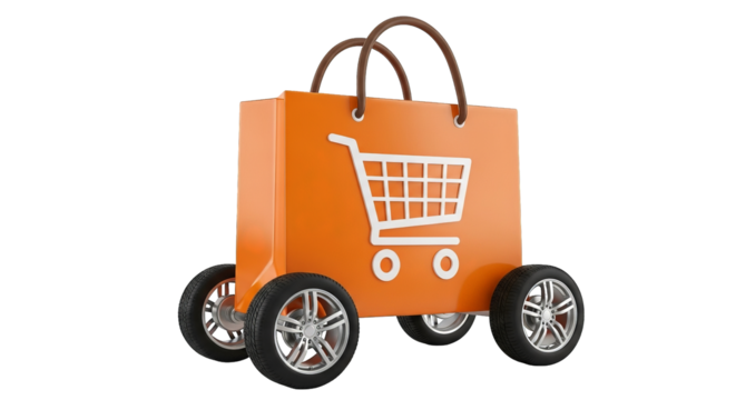 An orange shopping bag with wheels and a shopping cart symbol suggests swift purchasing power now.