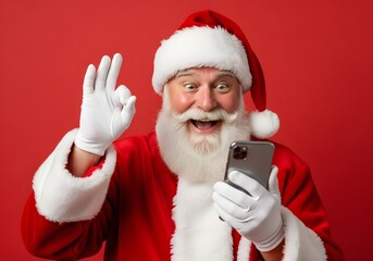 Happy santa claus using smartphone and showing ok sign on red background