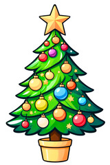 Fototapeta premium Bright Christmas tree with golden star and colorful ornaments glowing with festive lights in cheerful pot