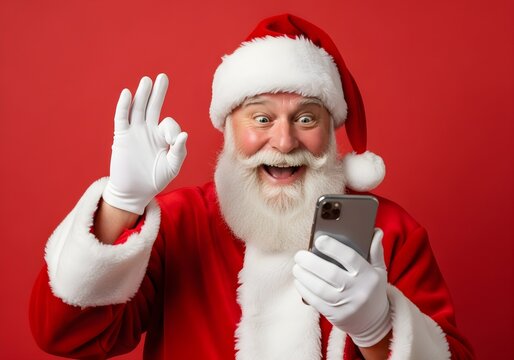Happy santa claus using smartphone and showing ok sign on red background