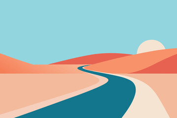 Abstract desert landscape with winding river and sun