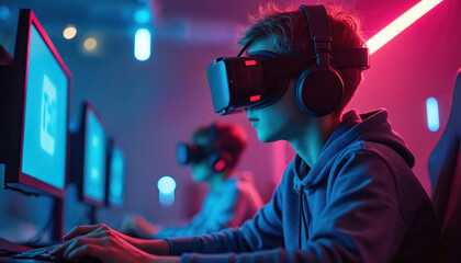 Players use VR headset, controllers during esports competition. Gamers sit in gaming chairs, play videogame. Virtual reality tech offers immersive experience for digital entertainment industry,