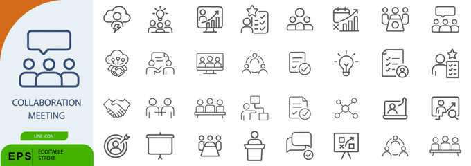 Collaboration Meeting Icon Set – 30 Line Style Symbols for Teamwork, Communication, and Idea Sharing