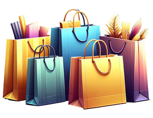 Verschiedene bunte und elegante Einkaufst&uuml;ten, isoliert auf transparentem Hintergrund, PNG