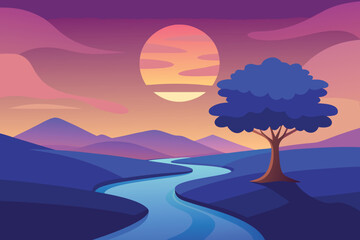Serene landscape with a winding river and a lone tree at sunset