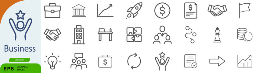 Business Icon Set – 24 Line Style Symbols for Corporate Strategy, Finance, and Innovation