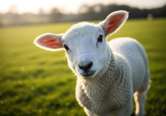 Obraz premium Close-up of a cute white lamb standing in a sunny green field, looking directly at the camera with soft light on its ears.