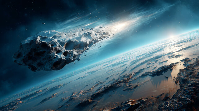 A giant meteor with an icy surface speeds above a planet in radiant blue light.
- Powered by Adobe