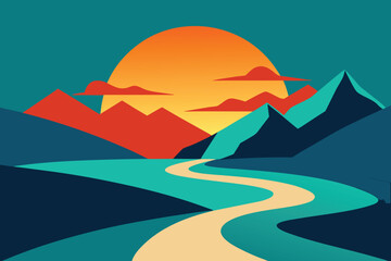 Stylized mountain landscape with winding river and sunset