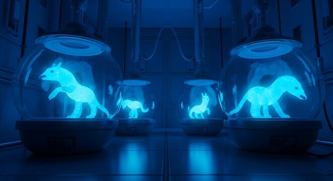 Neon Dogs in Futuristic Labs: Glowing Canines in Science Containers with Blue Light: Innovation and Artificial Life: Experimental Biology in Advanced Research Center