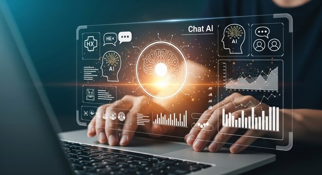 Hands Interacting with Holographic AI Brain HUD Above Laptop — Technology Concept