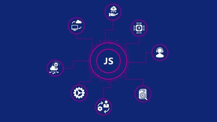 Javascript programming language concept with icons representing cloud computing, customer support, data analysis, and software development on a blue background - Powered by Adobe