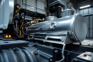Fototapeta premium Shiny metallic tank and truck components in factory setting