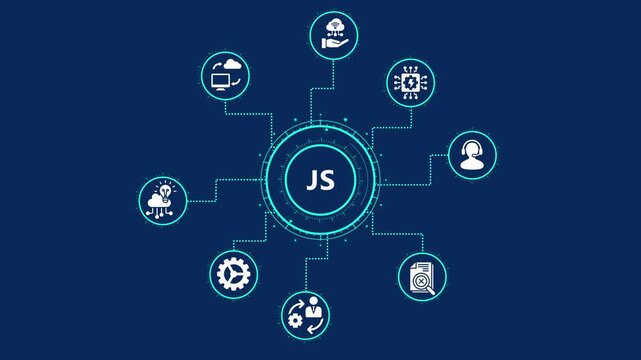 Javascript programming language concept with icons representing cloud computing, customer support, data analysis, and software development on a blue background
