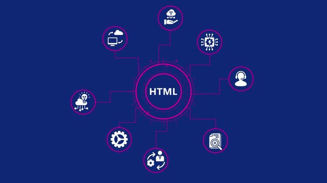 Html technology concept with connected icons representing hypertext markup language, suitable for web page structure and content creation, and frontend development