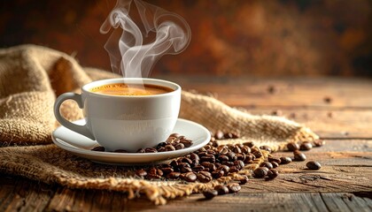 Coffee cup and coffee beans on a wooden table, Generated with AI.