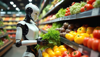 Robot selects fresh greens and vegetables in grocery store aisle. Futuristic android automates shopping, choosing produce from shelves with colorful fruits and food.