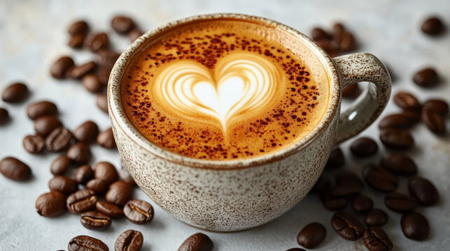 A latte with a heart-shaped latte art on a table.