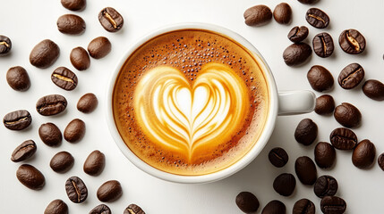 A latte with a heart-shaped latte art on a table.