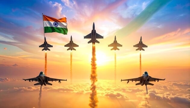 Indian air force day celebration with fighter jets and national flag, Generated with AI.
