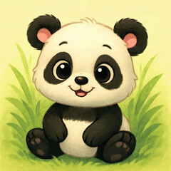 Adorable cartoon baby panda sitting in green grass with a happy expression