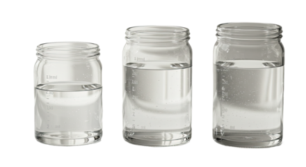 Three transparent measuring jars with different volumes of clear water on white background, ideal for scientific or culinary use