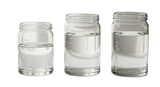 Three transparent measuring jars with different volumes of clear water on white background, ideal for scientific or culinary use