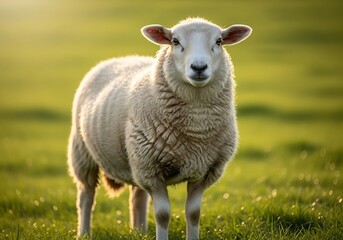 Obraz premium A white sheep stands in a sunlit green pasture, looking directly at the camera with a calm expression.