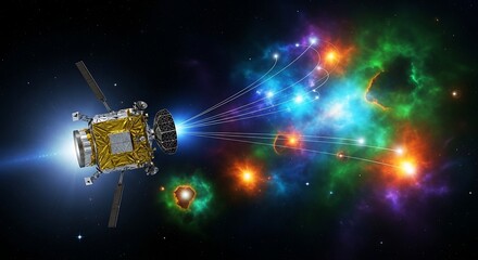 Cosmic Data Probe: Spacecraft Analyzing Nebulae with Energy Streams, Visual Representation of Space Exploration, Data Collection, and Advanced Technological Research