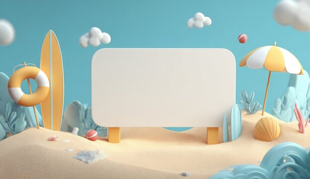 A summery scene featuring a blank sign on a beach setting, with surfboards, lifebuoy, and umbrella - Powered by Adobe