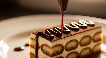 Decadent tiramisu creation with luscious chocolate drizzle capturing artisan dessert perfection and culinary artistry