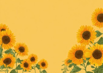 A watercolor illustration of vibrant sunflowers arranged on a warm yellow background