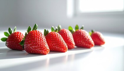Close up of Ripe Red Strawberries with Green Stems Lined Up on a White Surface with Natural Sunlight Casting Shadows and Brightness