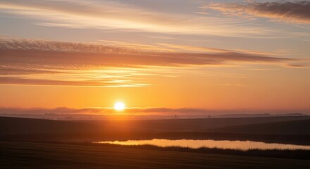 Obraz premium A serene sunrise over rolling hills with a calm body of water reflecting the warm hues of the sky.