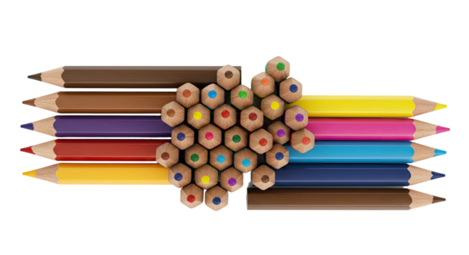 Top view of colorful sharpened wooden pencils arranged in two groups on white background, perfect for art projects and creative designs - Powered by Adobe