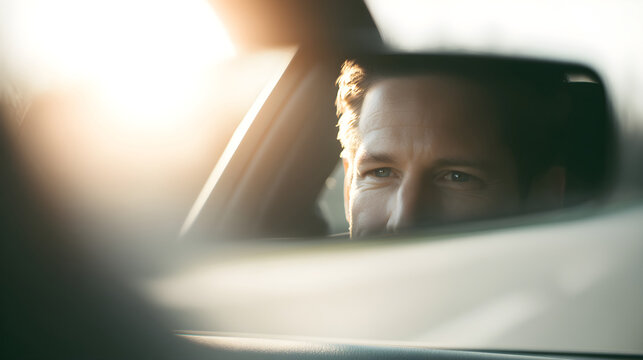 Man driving, looking in rear view mirror at sunset