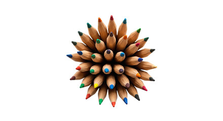 Top view of sharpened colored pencils arranged in a circle isolated on white background, perfect for art and creativity projects