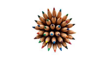 Top view of sharpened colored pencils arranged in a circle isolated on white background, perfect for art and creativity projects