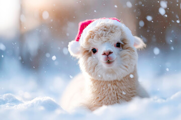 Christmas llama with Santa hat in snow festive Andean animal portrait