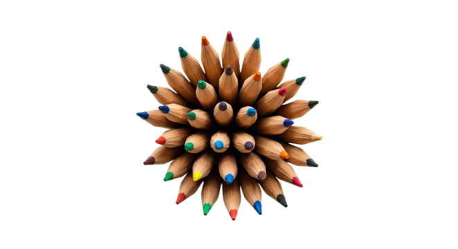 Top view of sharpened colored pencils arranged in a circle isolated on white background, perfect for art and creativity projects