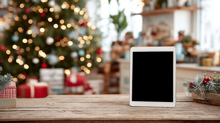 Tablet on wooden surface with christmas tree and gifts in background for holiday season shopping online
